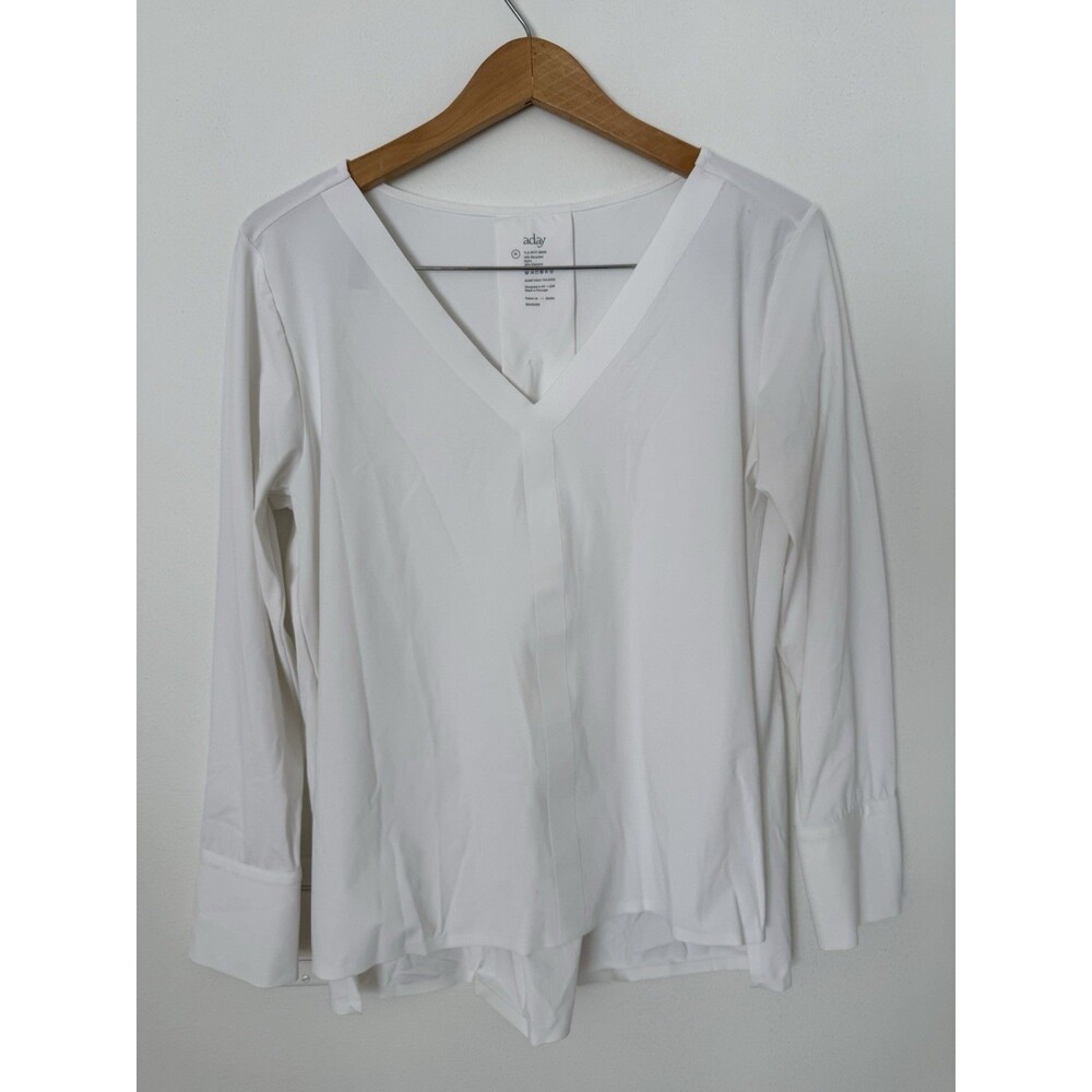 aday Women’s M Top White Long Sleeve V Neck Stretchy Shirt